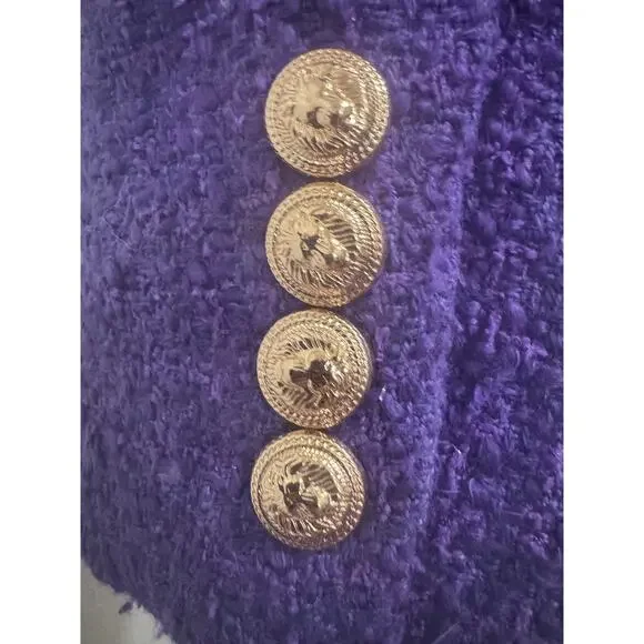 AQUA Purple Cropped Bouclé Blazer Gold Lion Buttons Size M - Picture 2 of 3